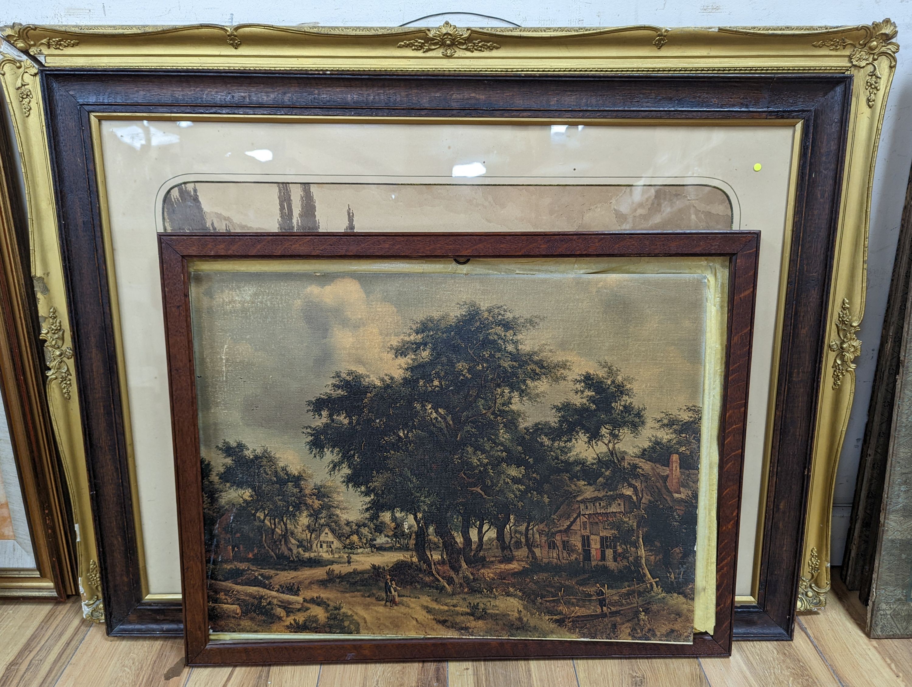 After Turner, watercolour, Artist beside a woodland stream, bears signature, 51 x 77cm, a monochrome print of figures in an Italian valley and a colour print of a village scene